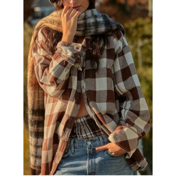 We the Free Plaid Shacket Brown and Cream Large - Picture 3 of 8